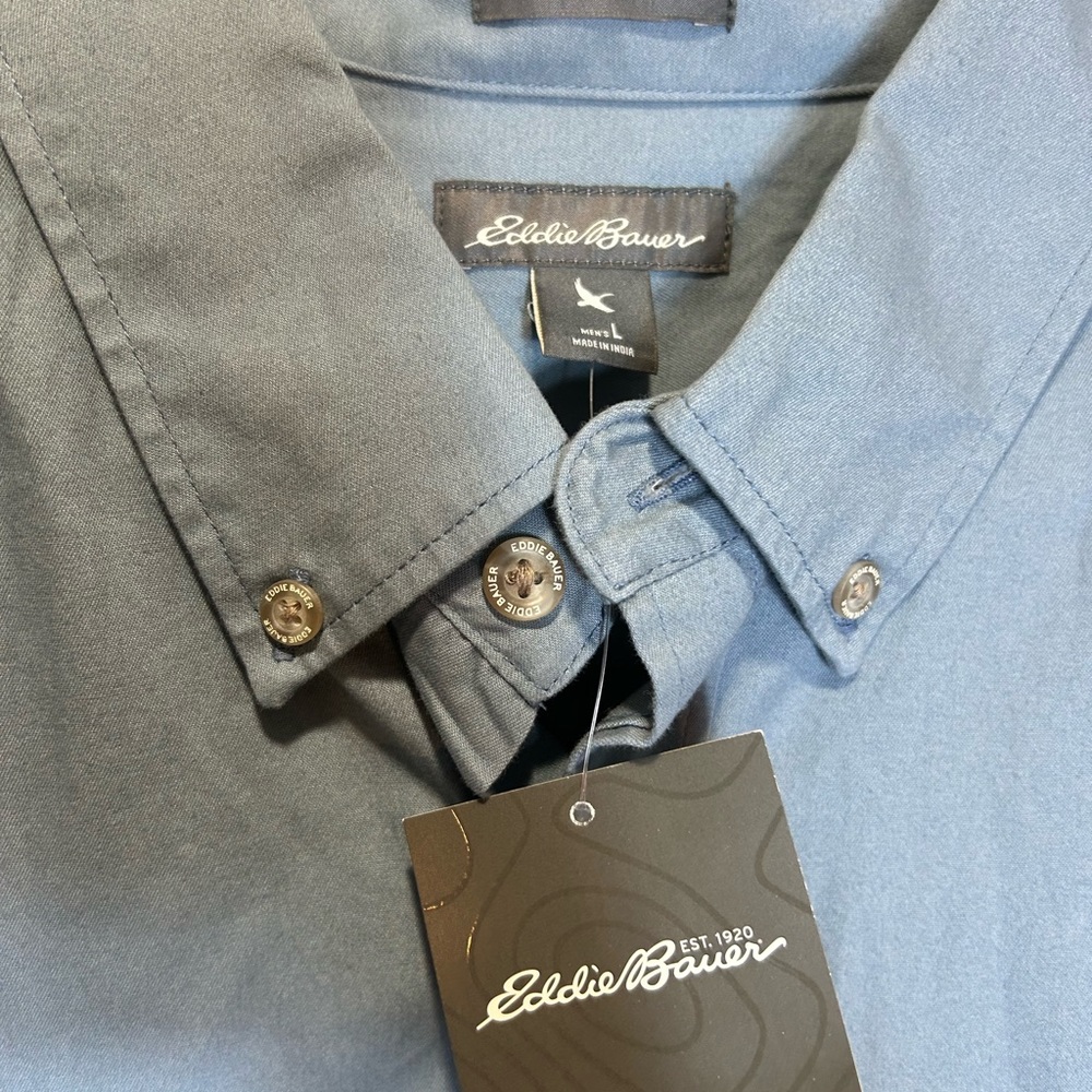 New Men’s Eddie Bauer Shirt Size Large Y2K Outdoors Blue Denim Cowboy Preppy - Picture 6 of 14